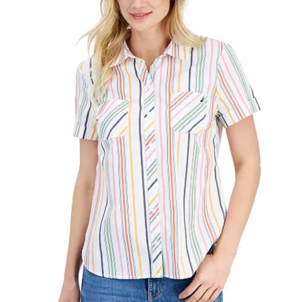 Nautica Jeans Women's Getaway Striped Cotton Button-Down‎ Camp Shirt Sz Small